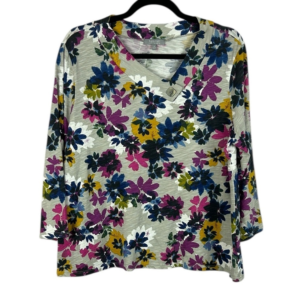 Habitat Floral Asymmetrical Neckline Cotton Long Sleeve Top Medium Grey Casual